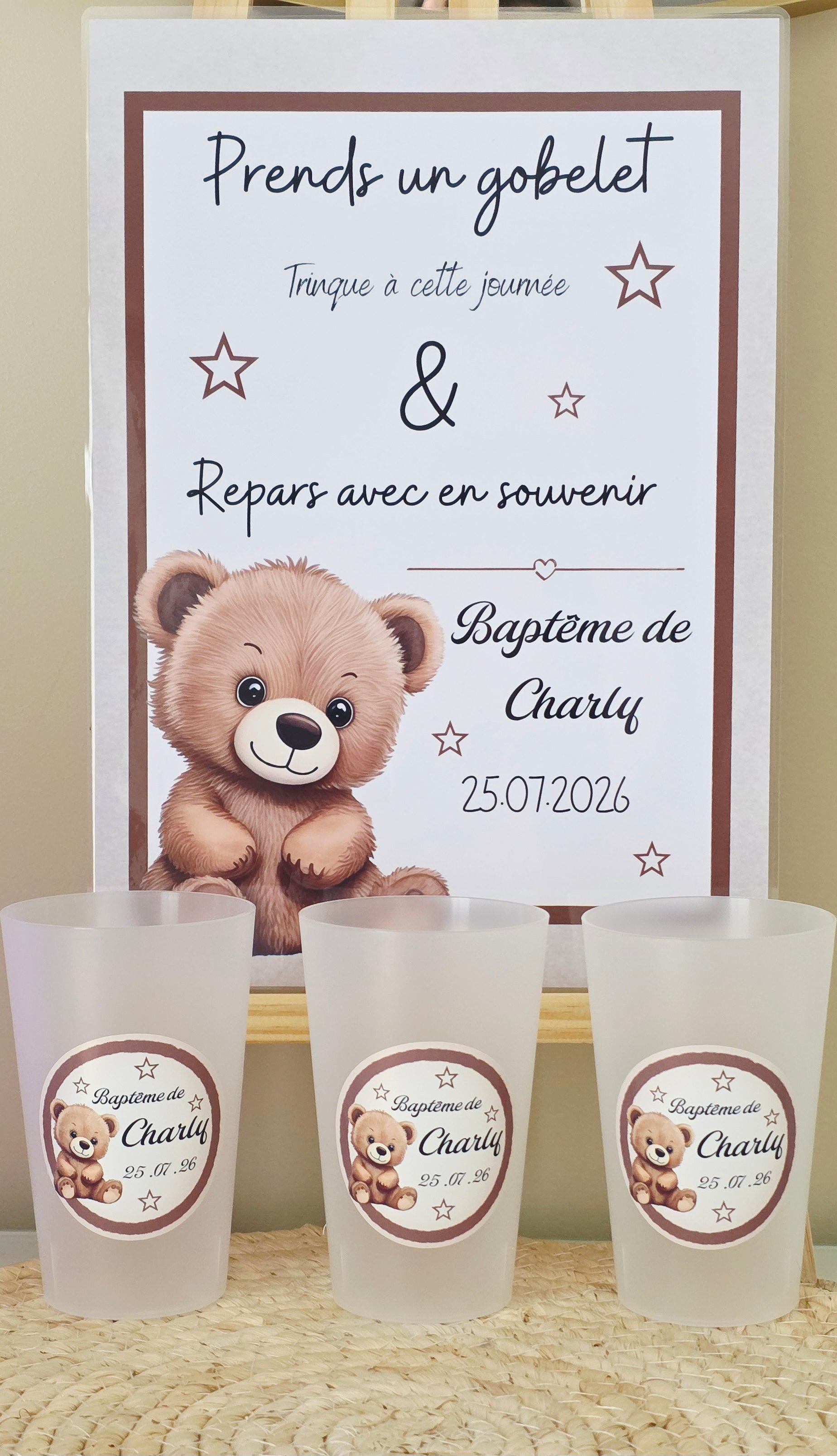 Gobelet baptême personnalisé ourson beige – Gobelet souvenir baptême enfant