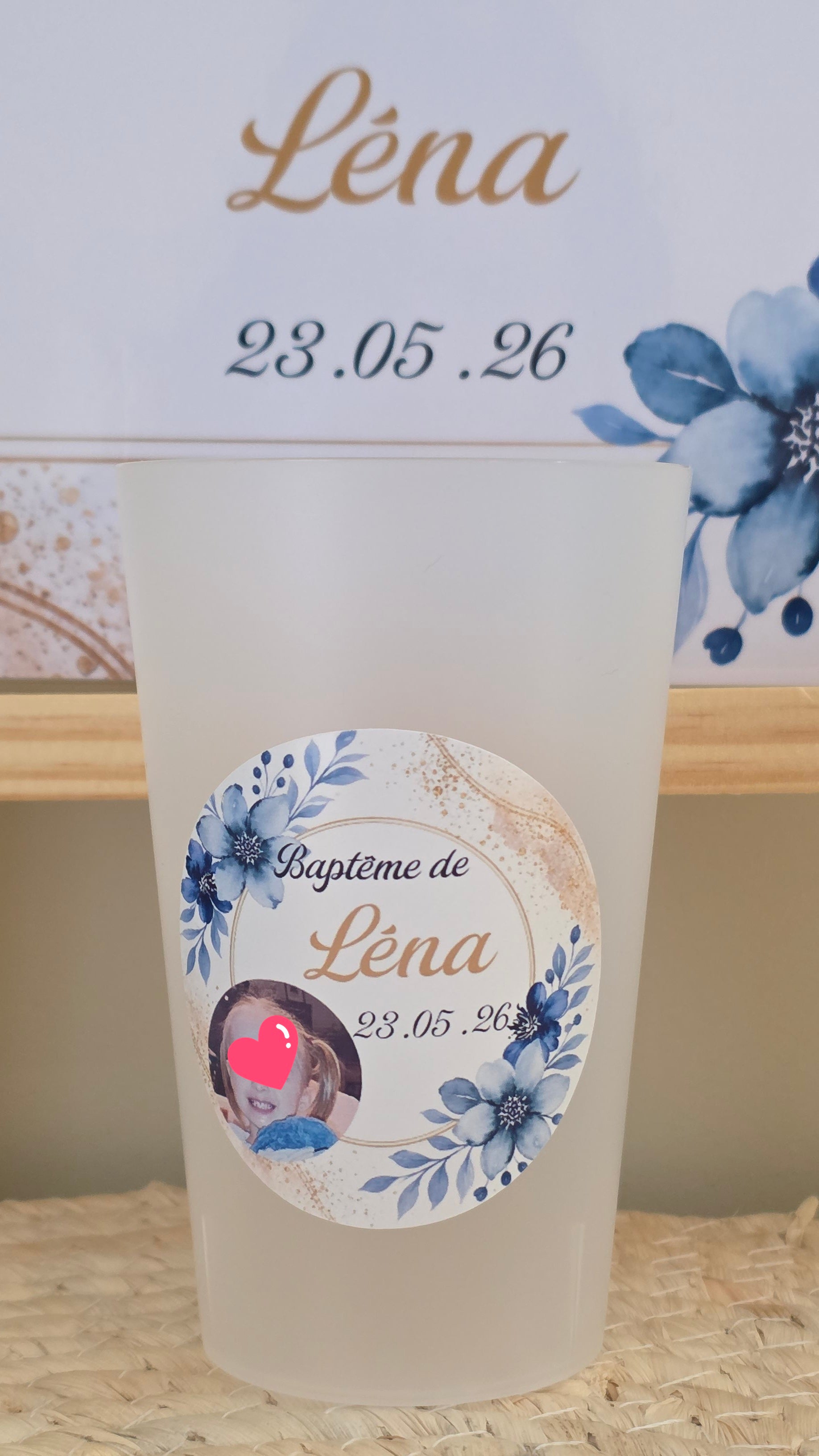 Gobelet personnalisé baptême bleu et or avec photo – Gobelet souvenir baptême enfant