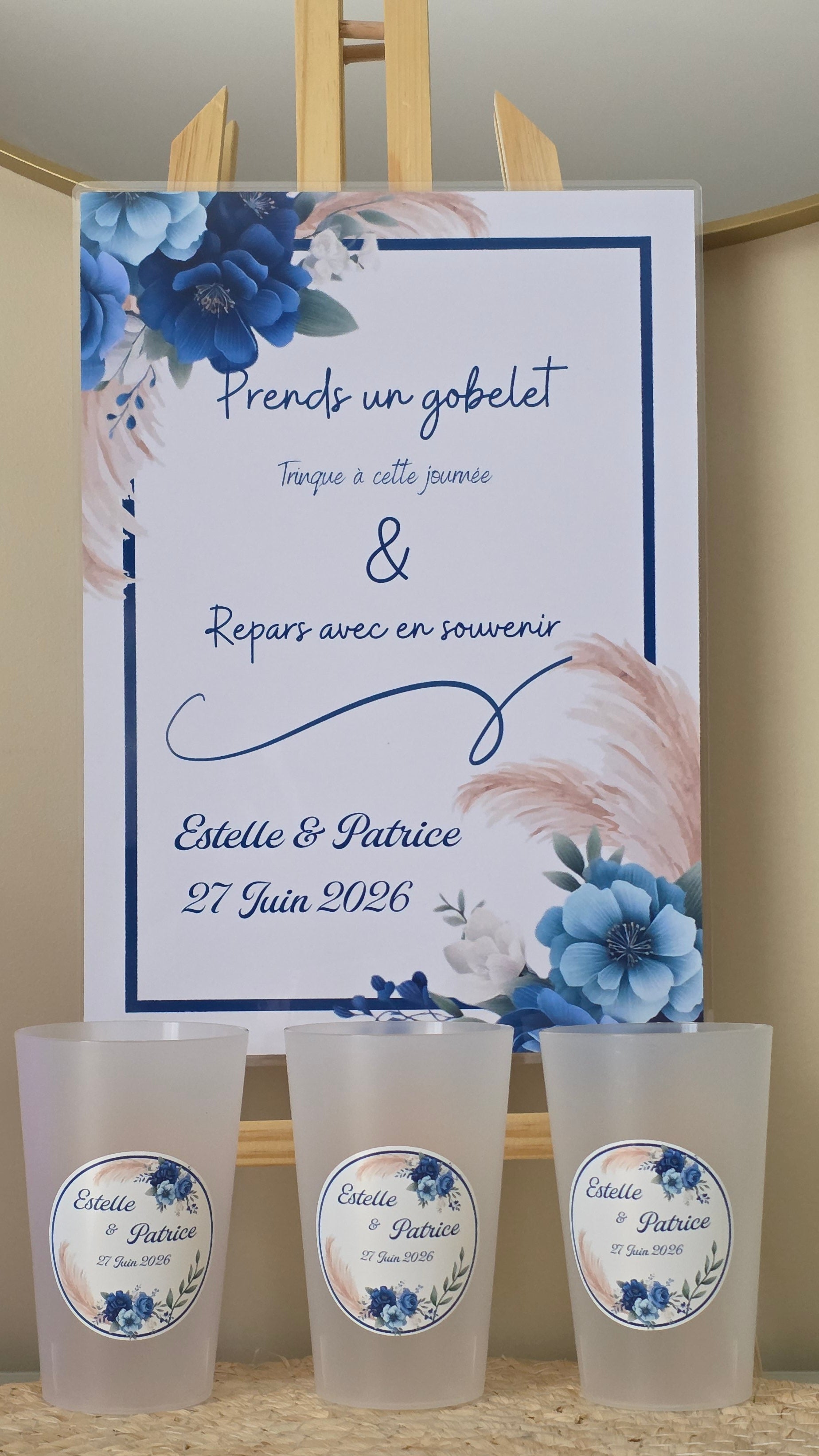 Gobelet mariage personnalisé bleu floral – Gobelet souvenir mariage chic