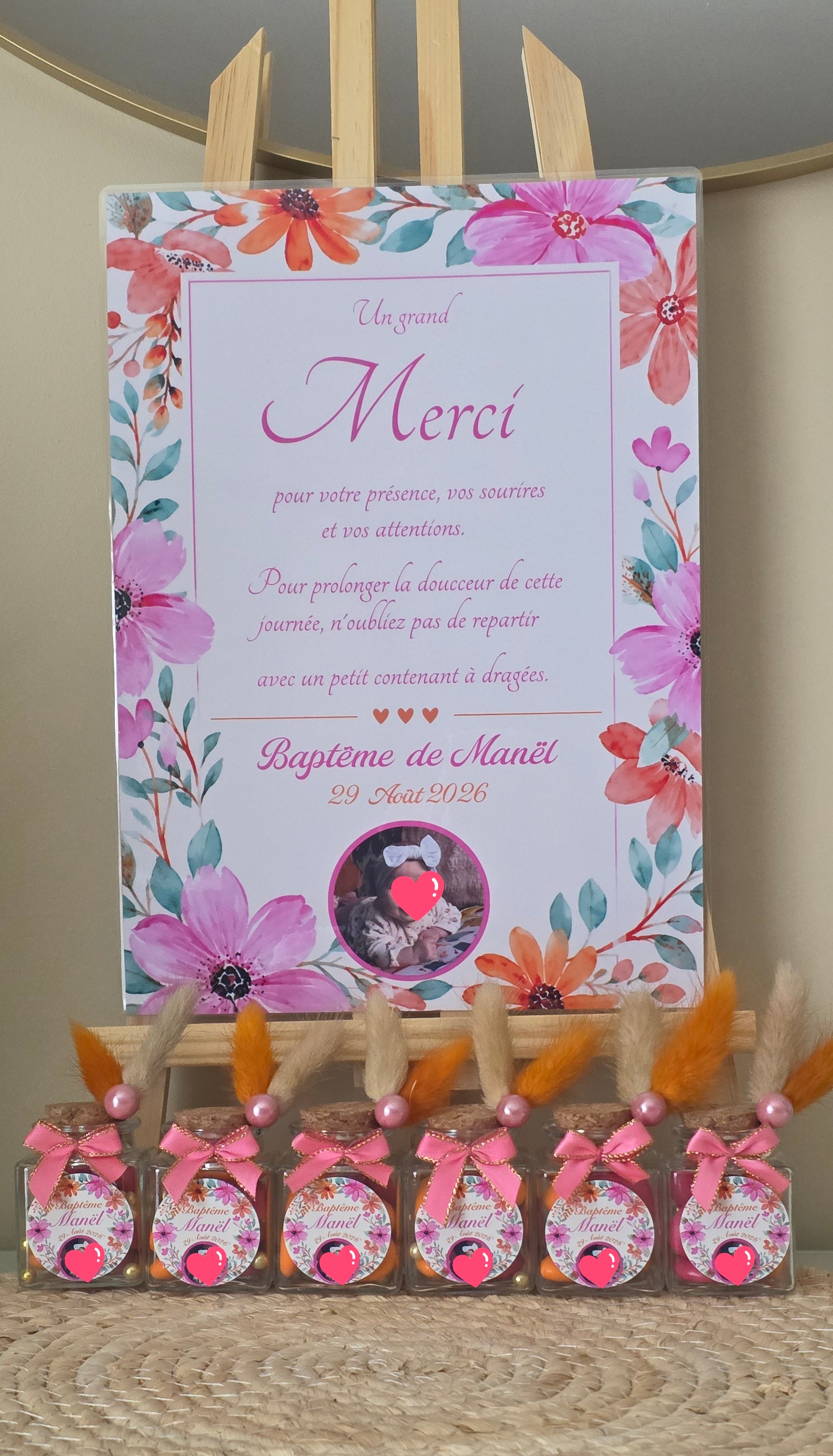 Contenant à dragées floral personnalisé avec photo – Petit pot en verre baptême fille