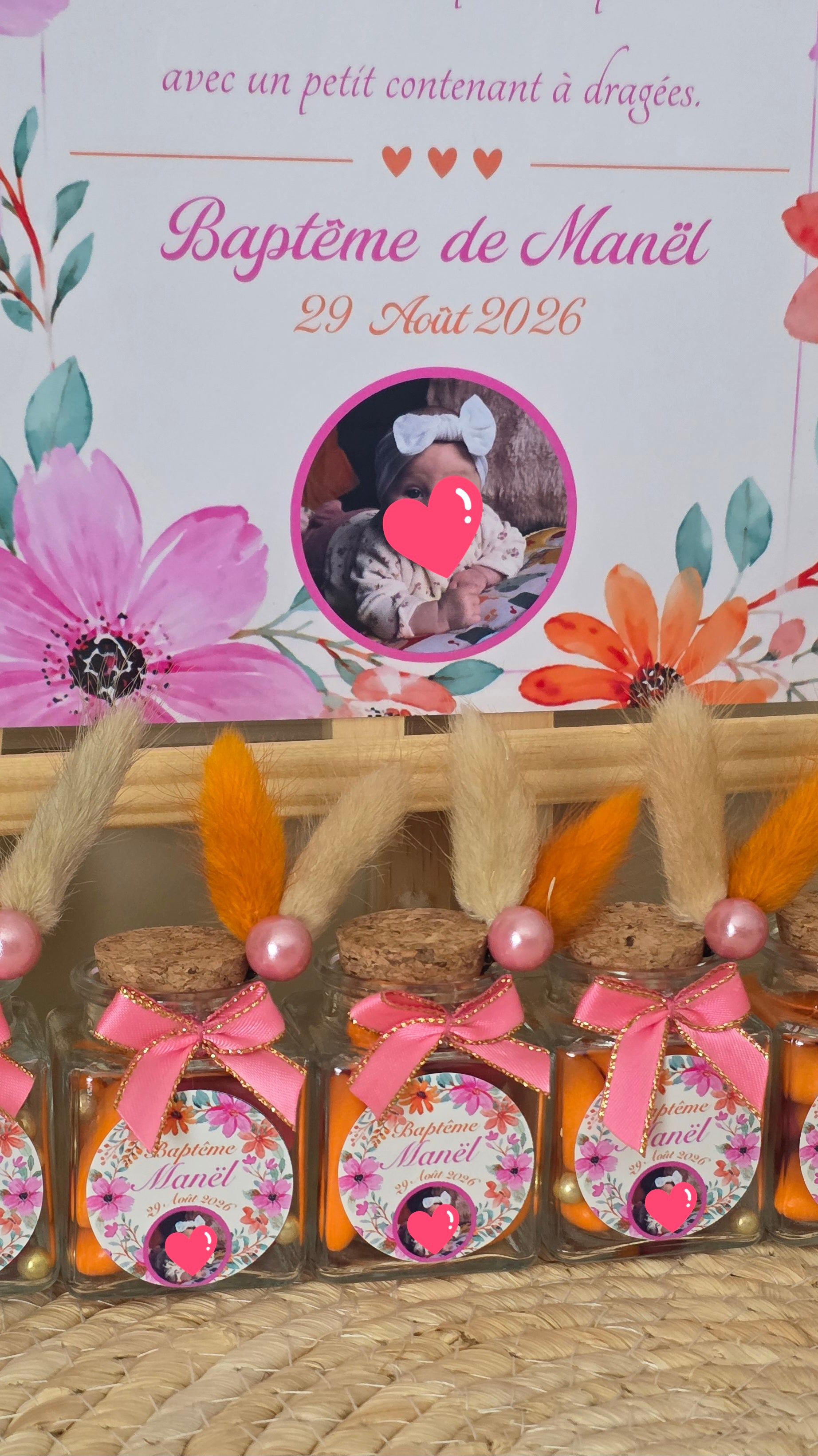 Contenant à dragées floral personnalisé avec photo – Petit pot en verre baptême fille