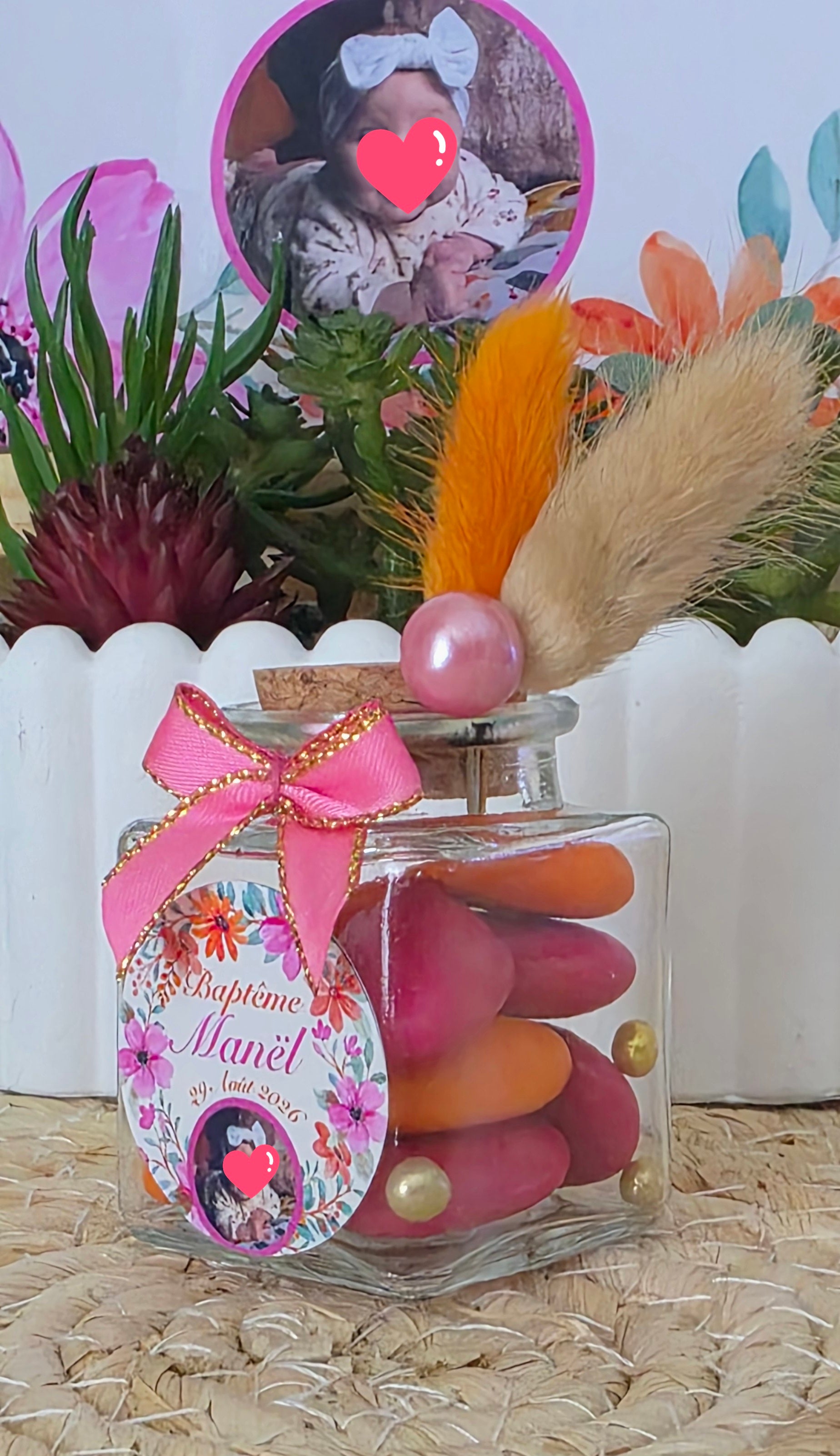 Contenant à dragées floral personnalisé avec photo – Petit pot en verre baptême fille