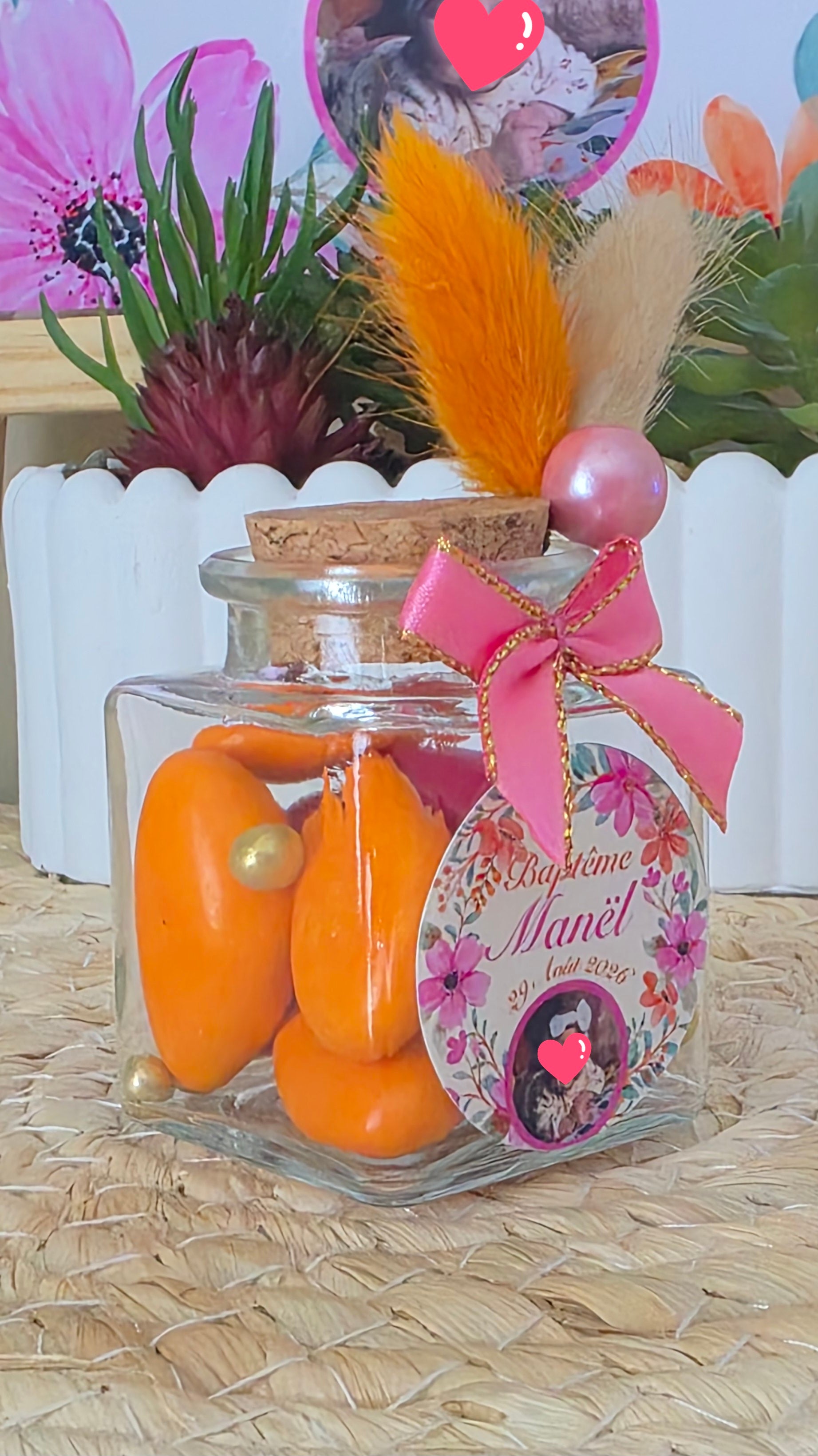 Contenant à dragées floral personnalisé avec photo – Petit pot en verre baptême fille