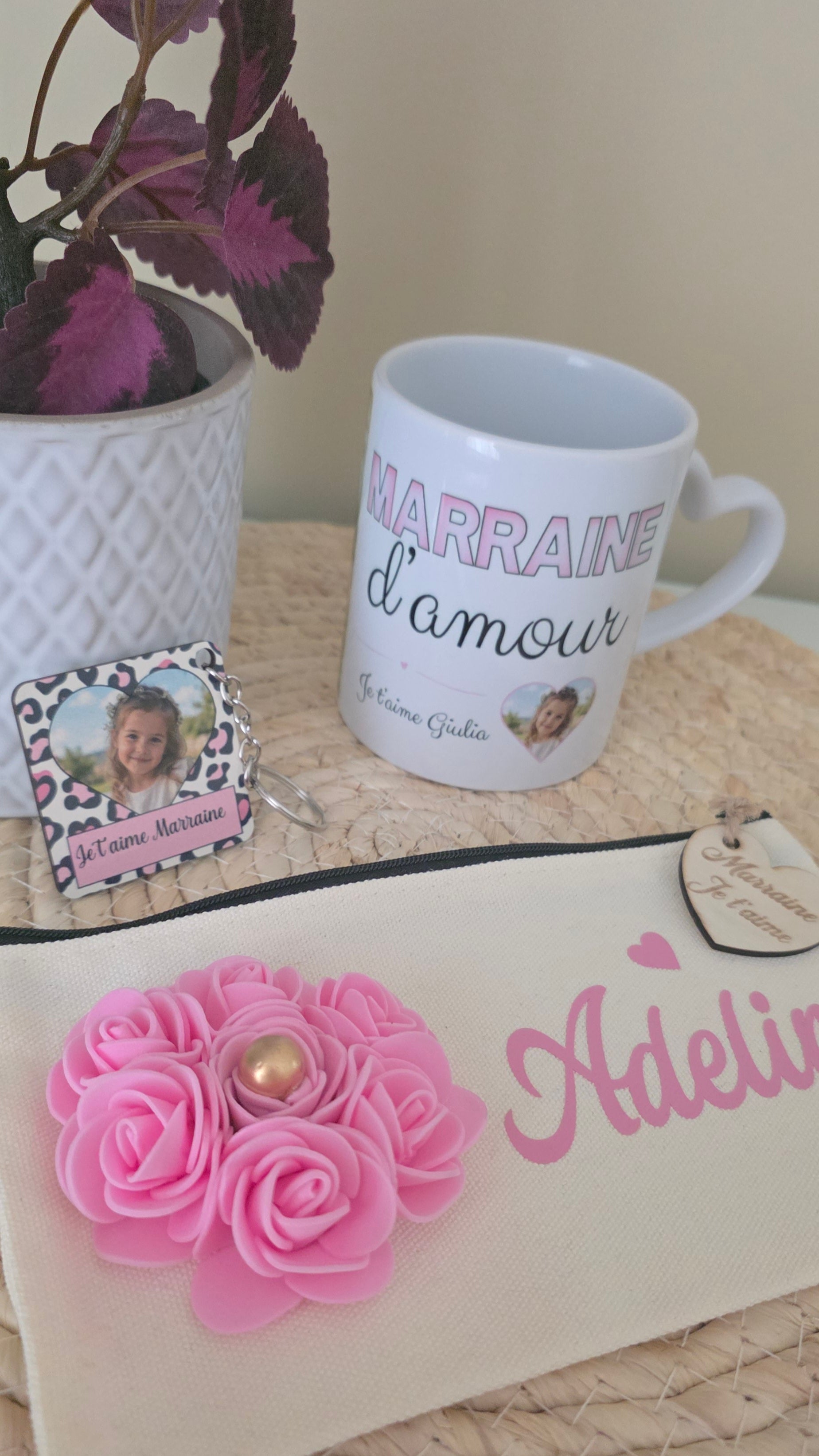 Coffret personnalisé Marraine 🎀 | Mug cœur, trousse & porte-clé