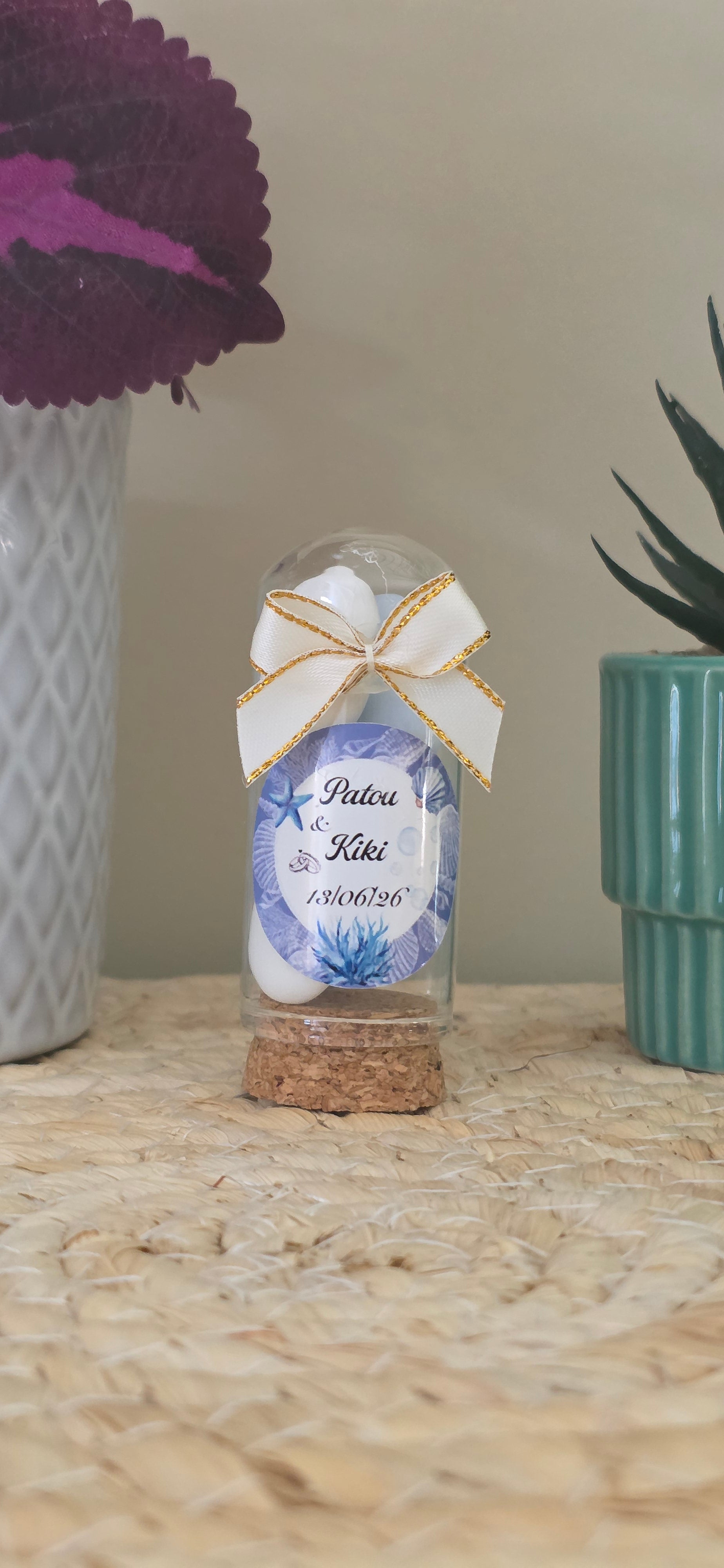 Contenant à dragées baptême marin bleu – Fiole en verre personnalisée 3x7 cm
