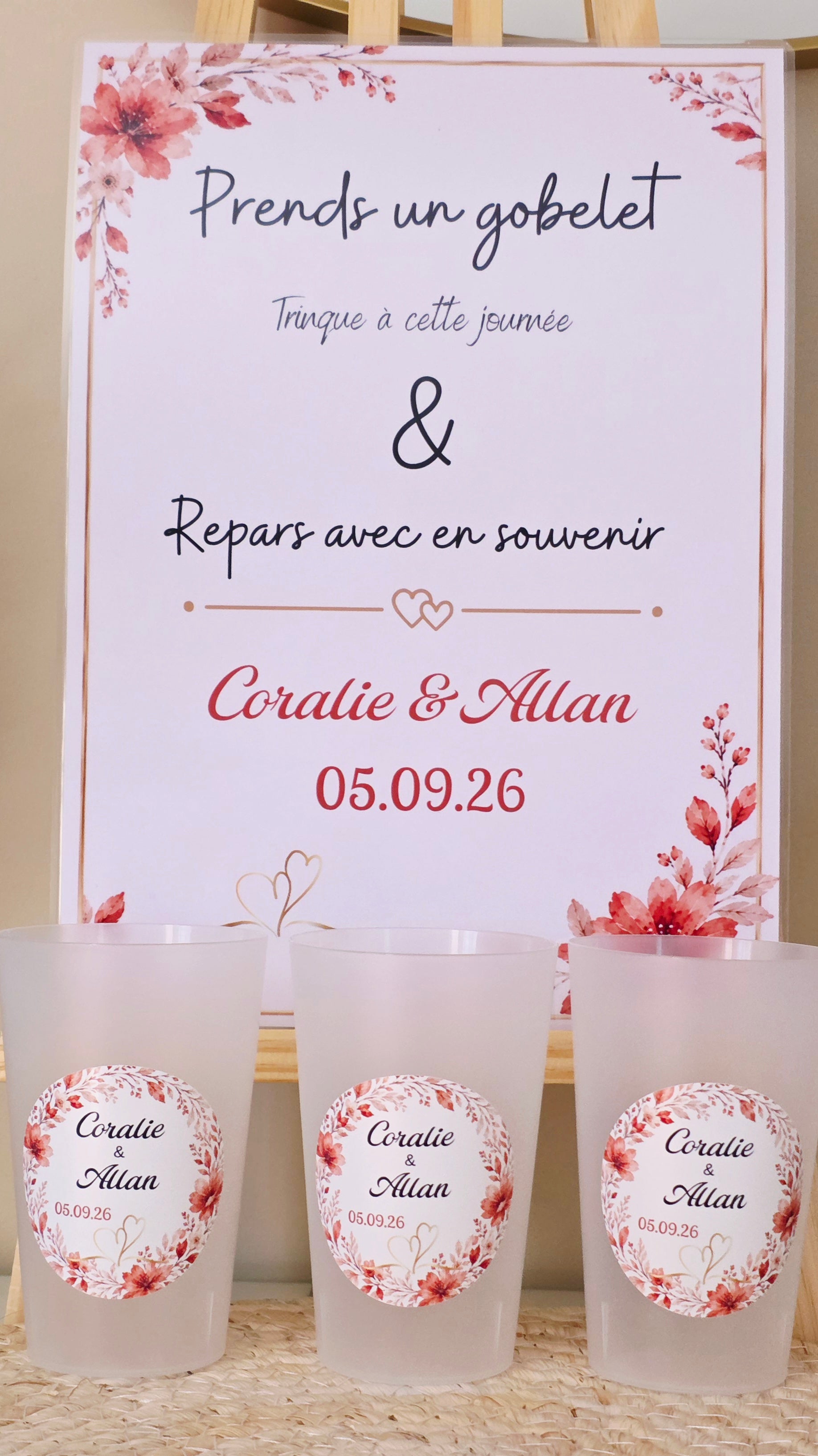 Gobelet mariage personnalisé terracotta – Gobelet givré réutilisable avec prénoms et date