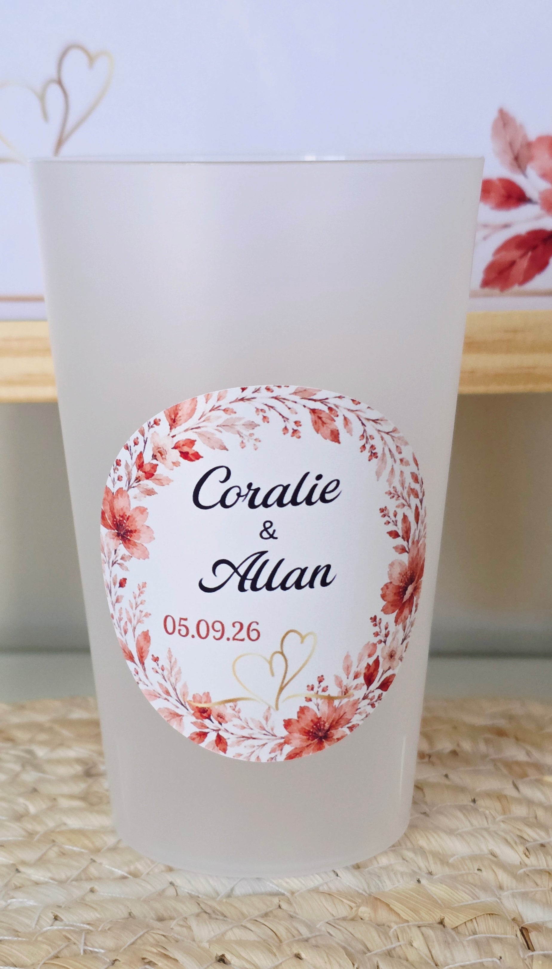 Gobelet mariage personnalisé terracotta – Gobelet givré réutilisable avec prénoms et date