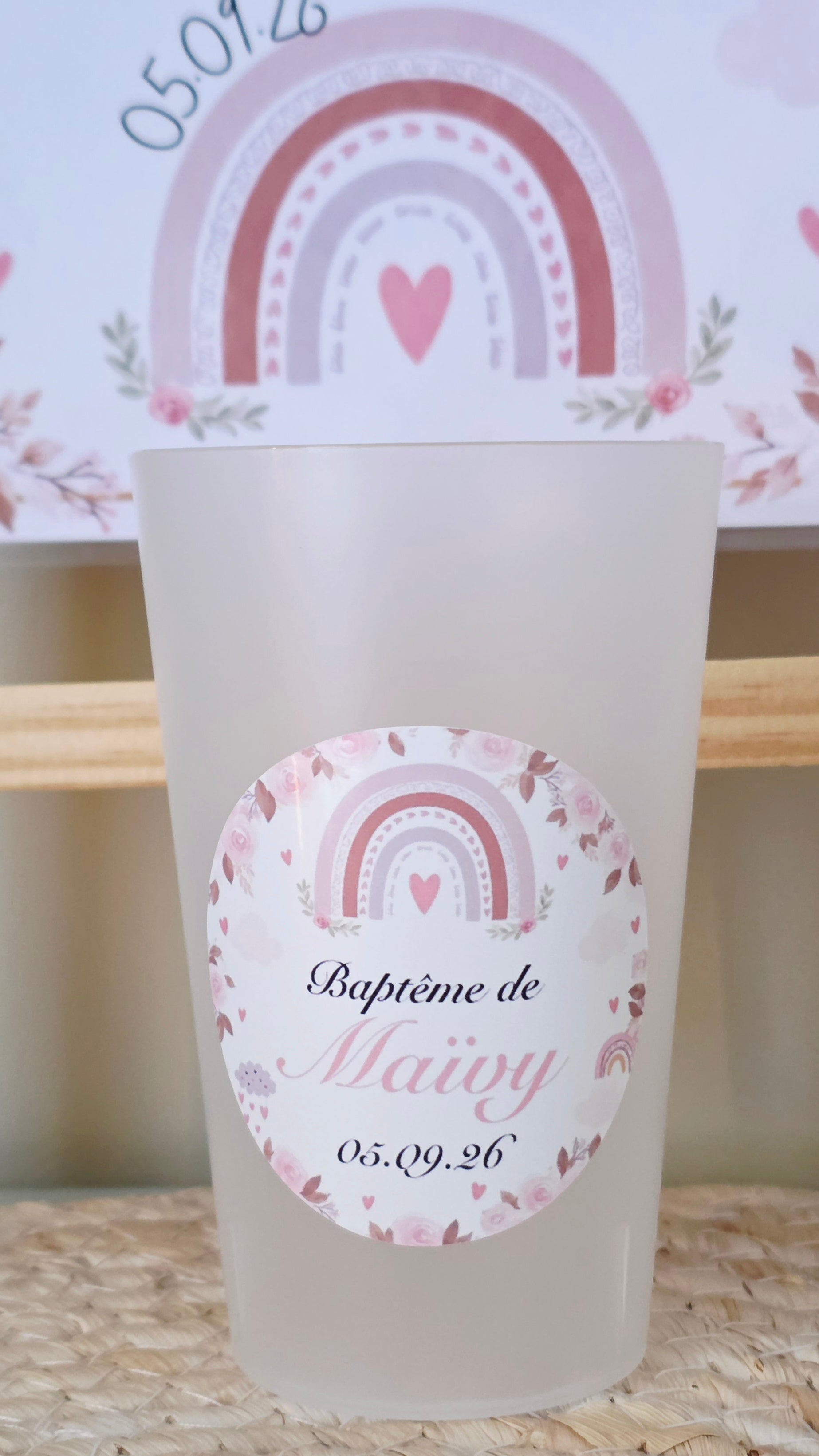 Gobelet baptême arc-en-ciel personnalisé – Gobelet givré réutilisable bohème rose