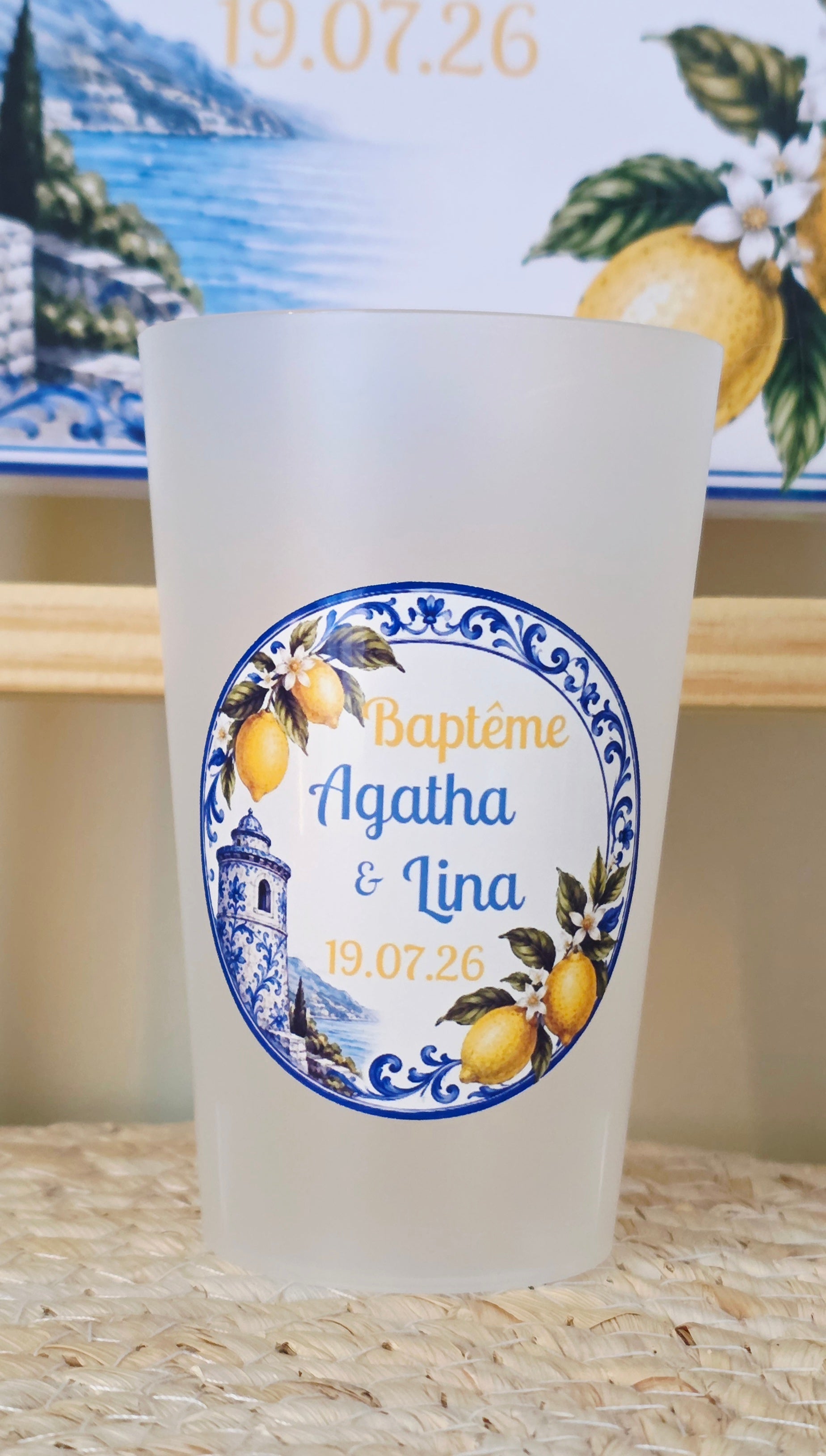 Gobelet baptême Dolce Vita personnalisé – Gobelet givré réutilisable thème citron italien