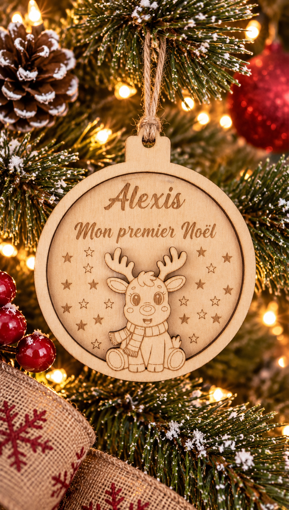🎄 Boule de Noël en bois personnalisée – Mon Premier Noël Renne