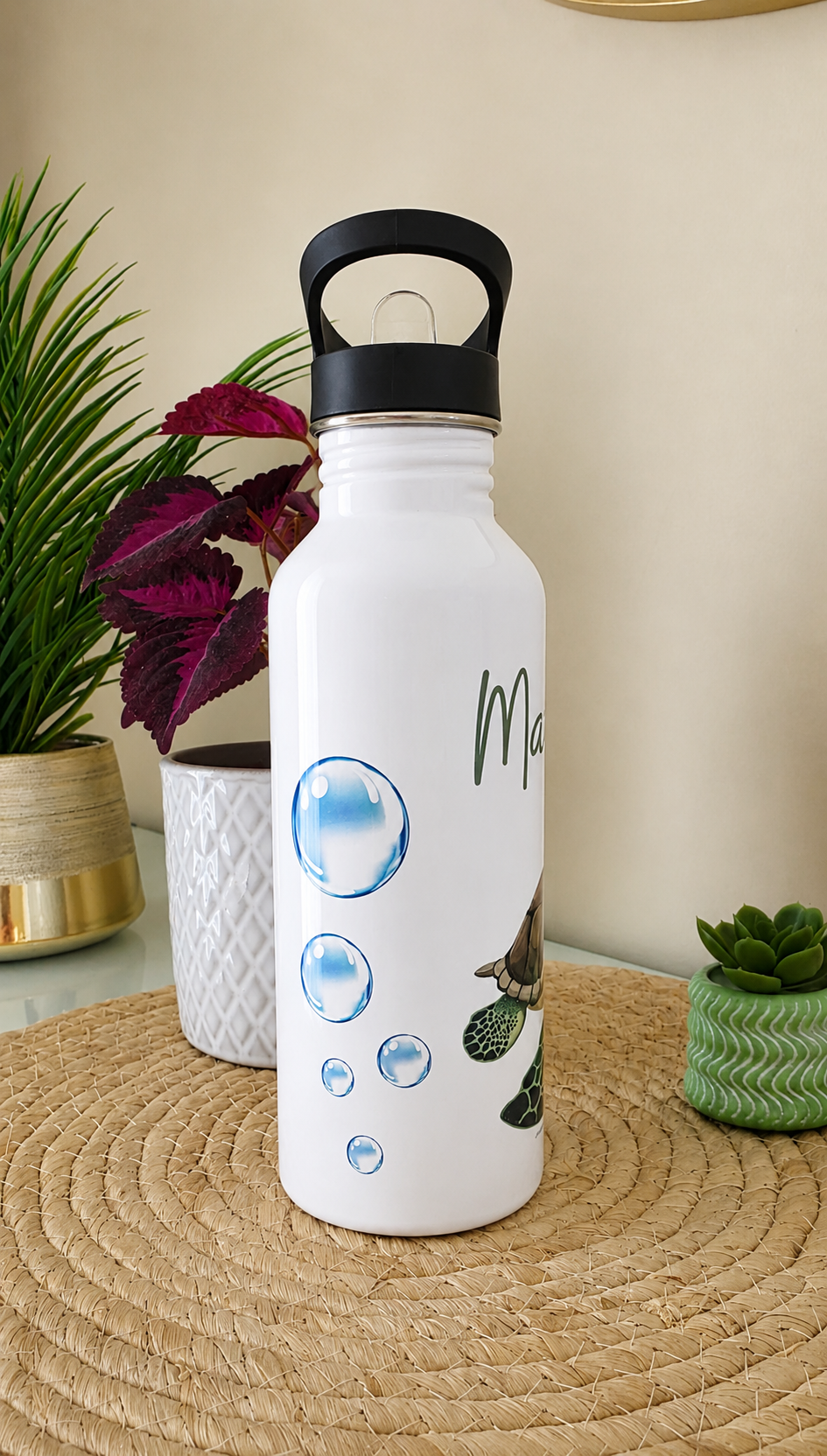 Gourde personnalisée enfant tortue – Gourde prénom en acier inoxydable 600 ml 🐢
