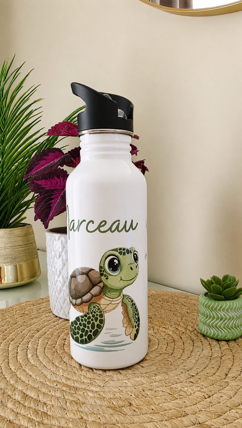 Gourde personnalisée enfant tortue – Gourde prénom en acier inoxydable 600 ml 🐢