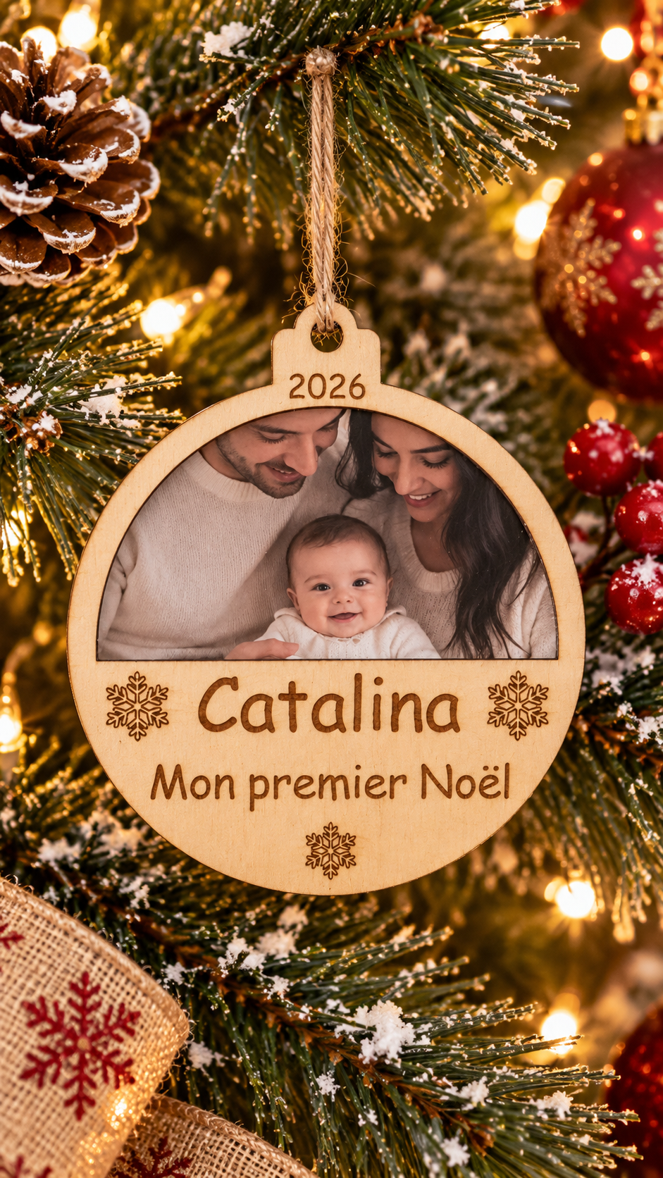 🎄 Boule de Noël en bois personnalisée avec photo – Mon Premier Noël