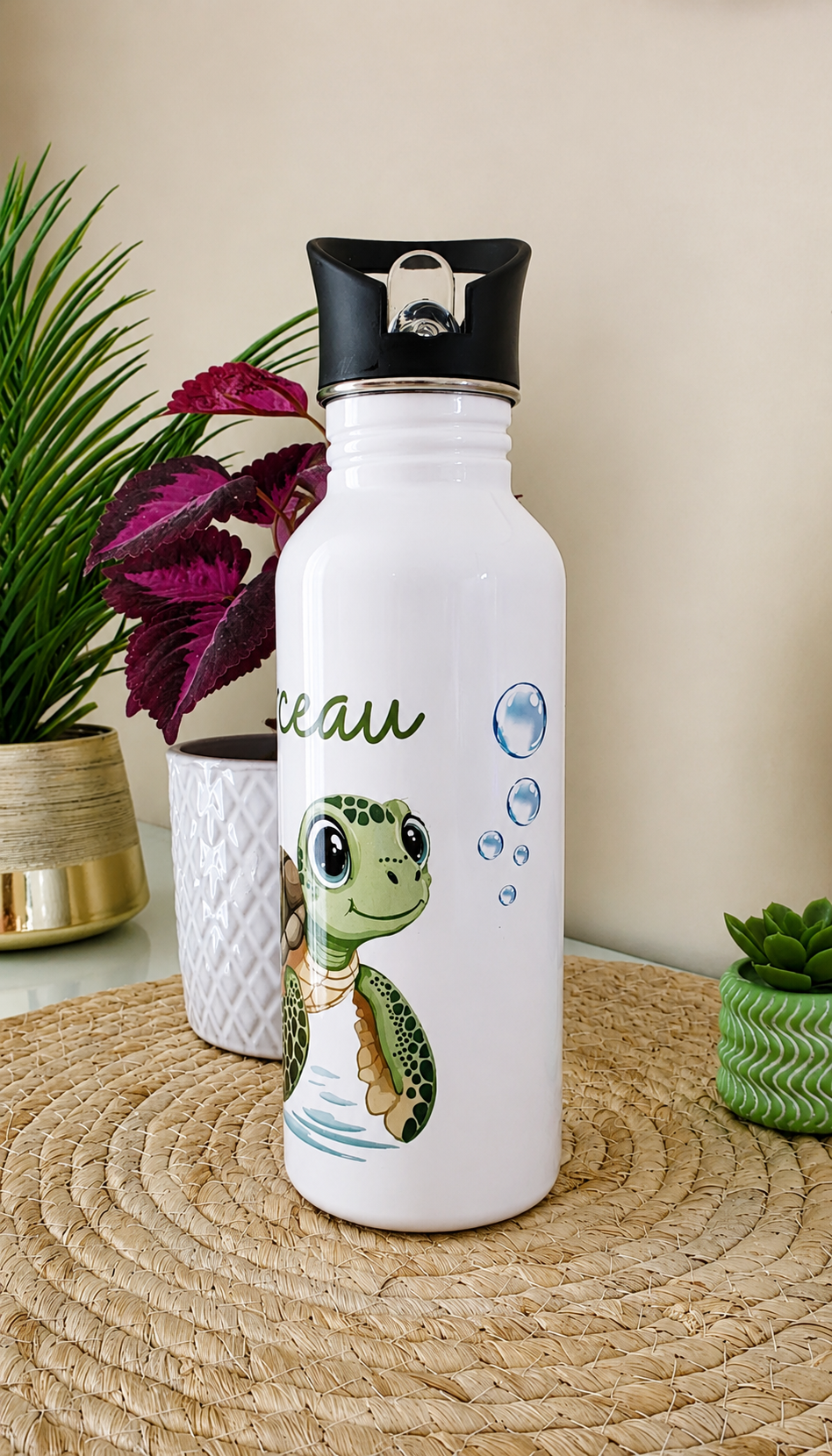 Gourde personnalisée enfant tortue – Gourde prénom en acier inoxydable 600 ml 🐢