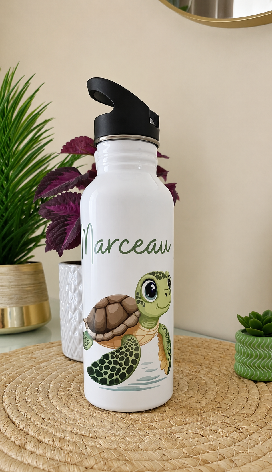 Gourde personnalisée enfant tortue – Gourde prénom en acier inoxydable 600 ml 🐢