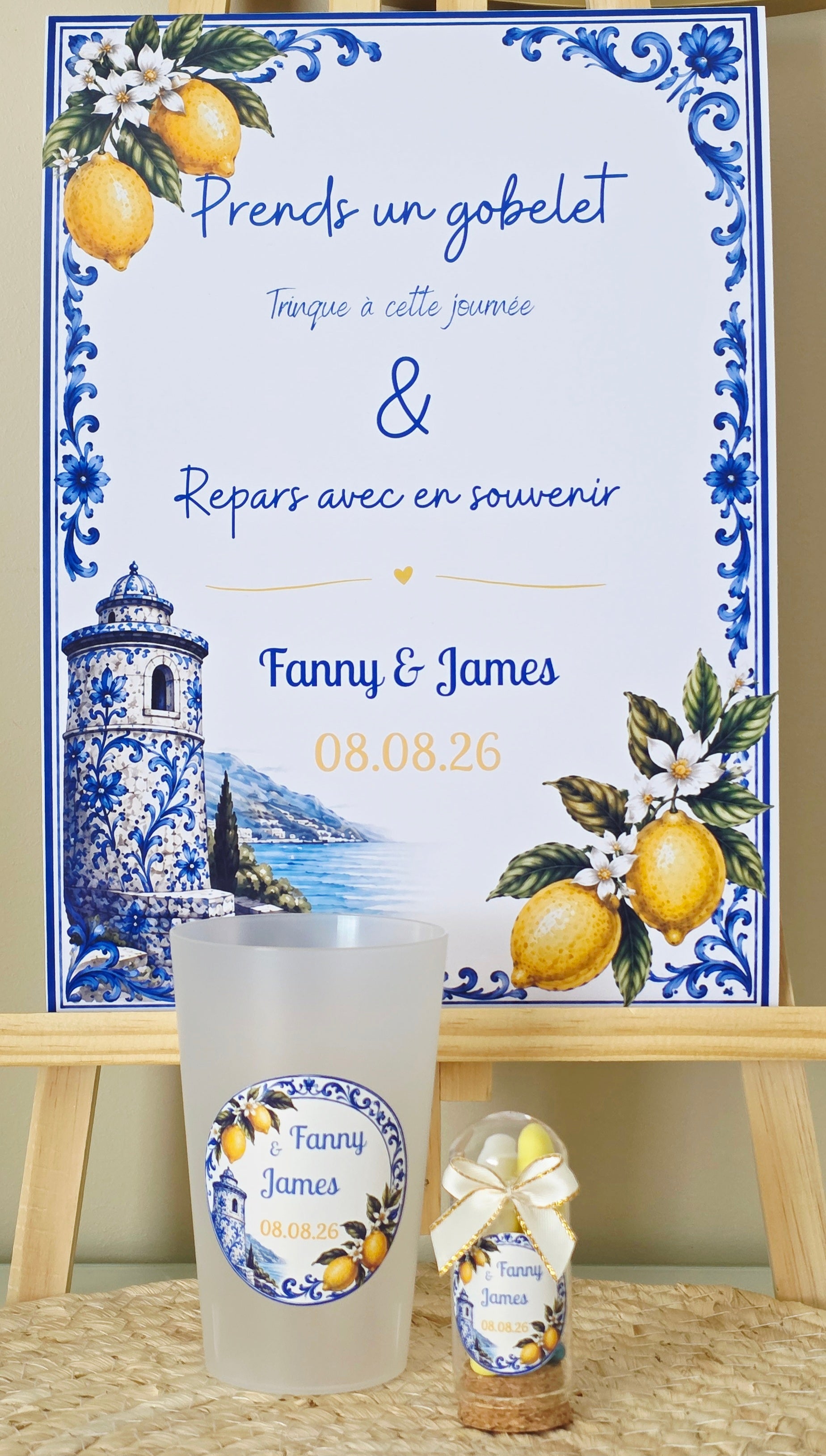 Gobelet mariage personnalisé thème Dolce Vita – Gobelet ivoire réutilisable citron et Méditerranée