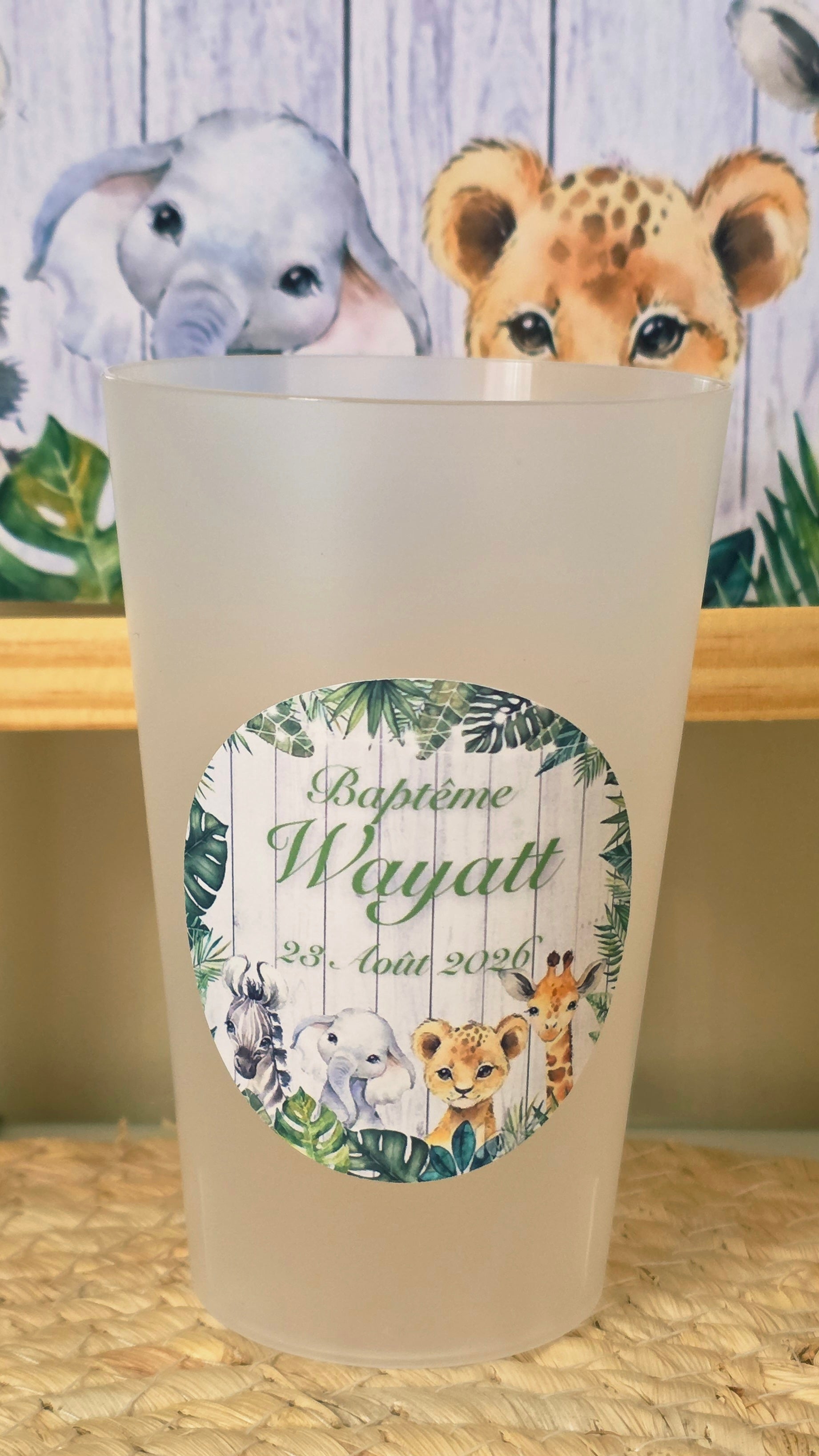 Gobelet Baptême Personnalisé – Jungle Douce & Animaux Aquarelle (25 cl