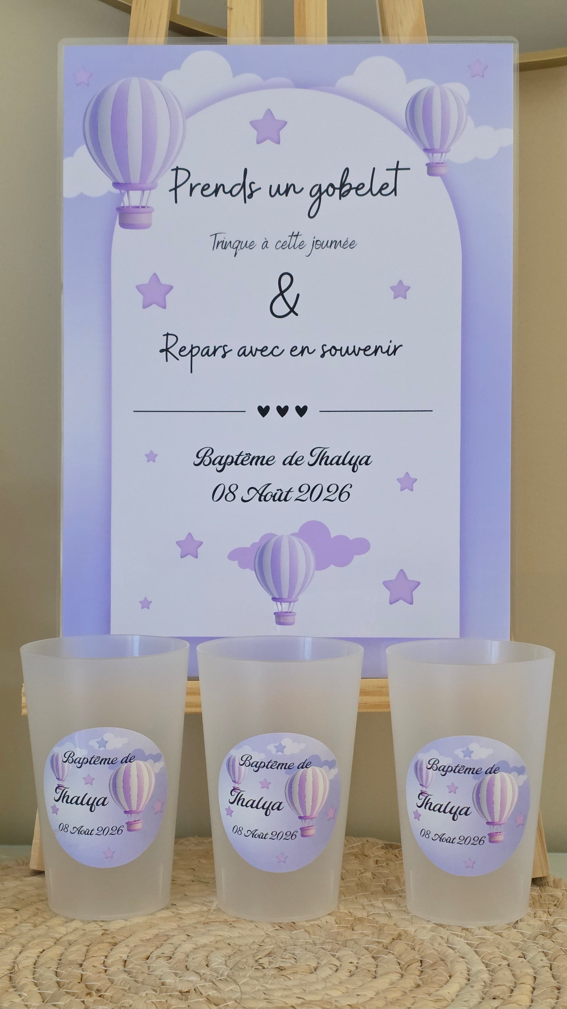 🎈 Gobelet baptême personnalisé – Montgolfière lilas
