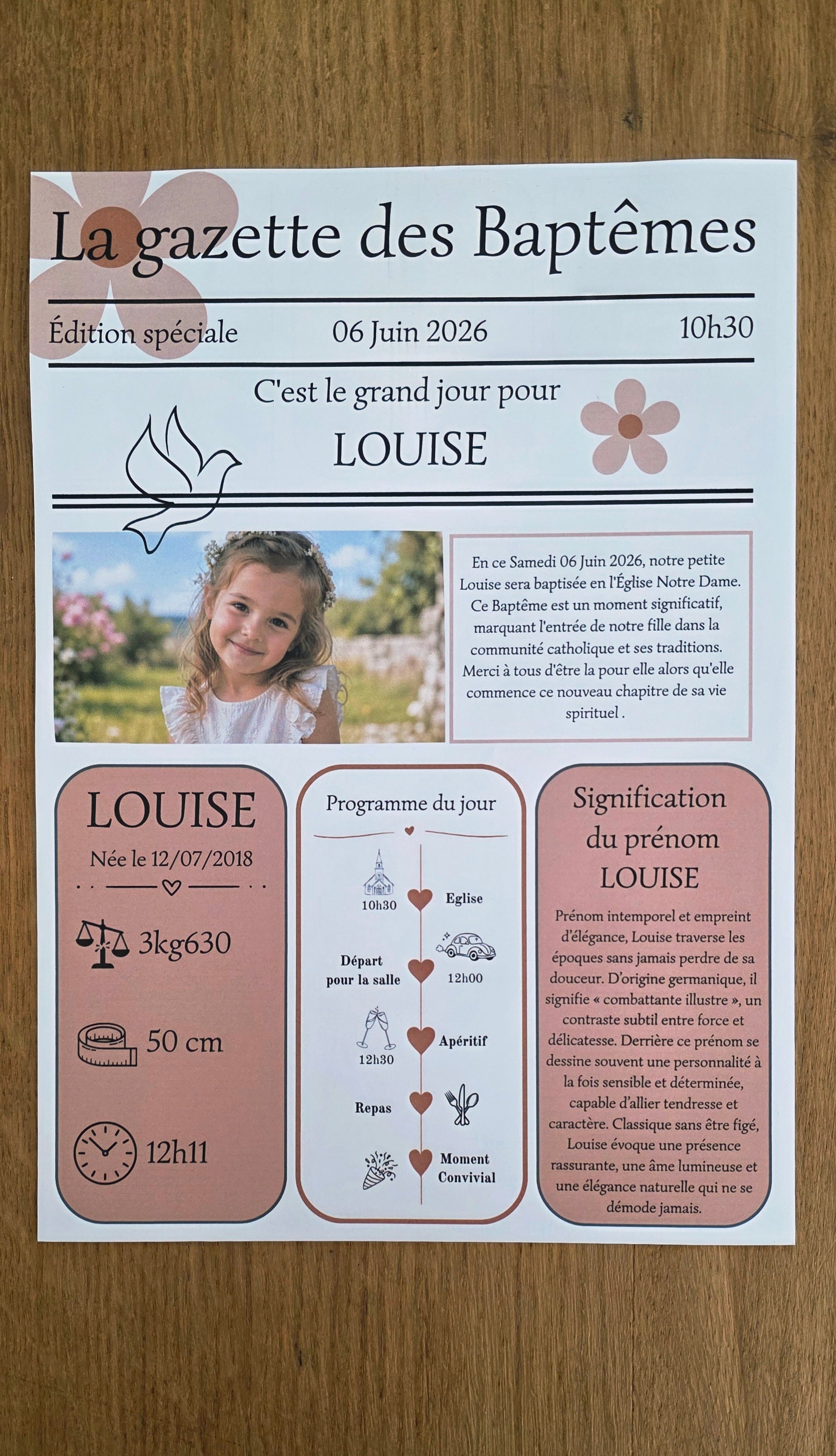 Gazette de baptême personnalisée A4 recto verso – Thème terracotta colombe & marguerites 🌼