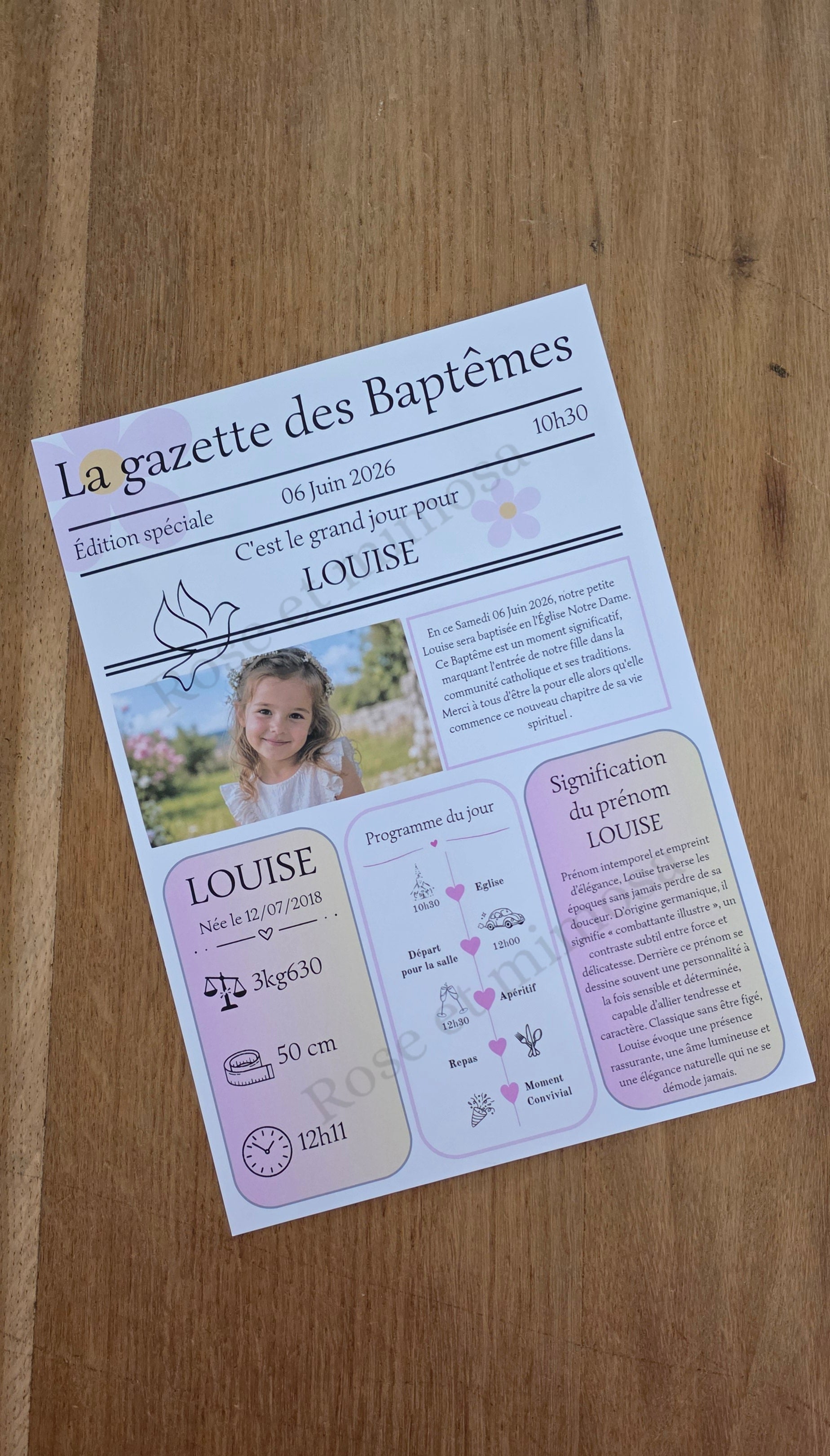 Gazette de Baptême personnalisée A4 recto verso – Souvenir unique & élégant ✨