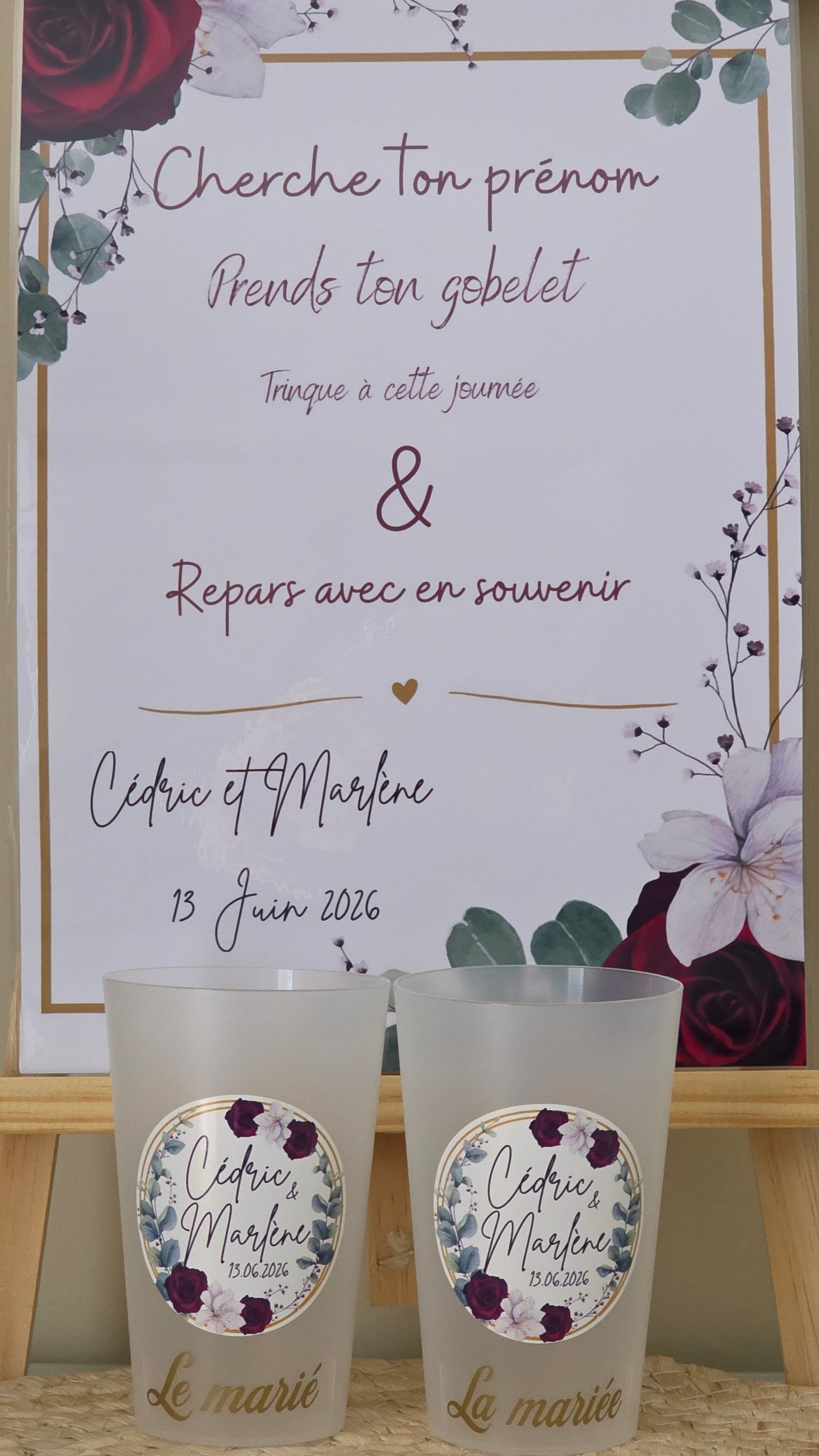 Gobelet mariage personnalisé roses bordeaux – Gobelet givré réutilisable avec prénoms et date