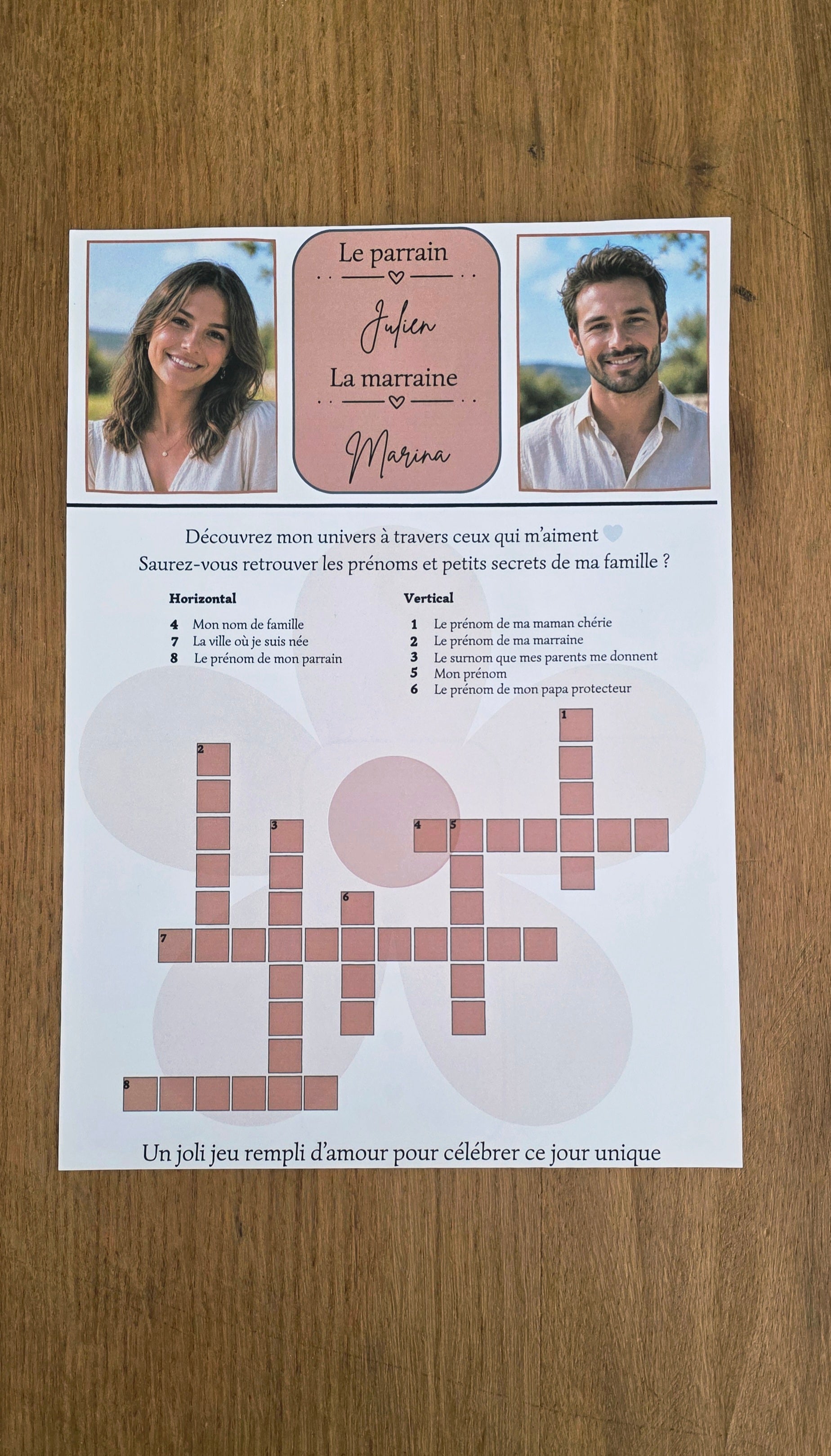 Gazette de baptême personnalisée A4 recto verso – Thème terracotta colombe & marguerites 🌼