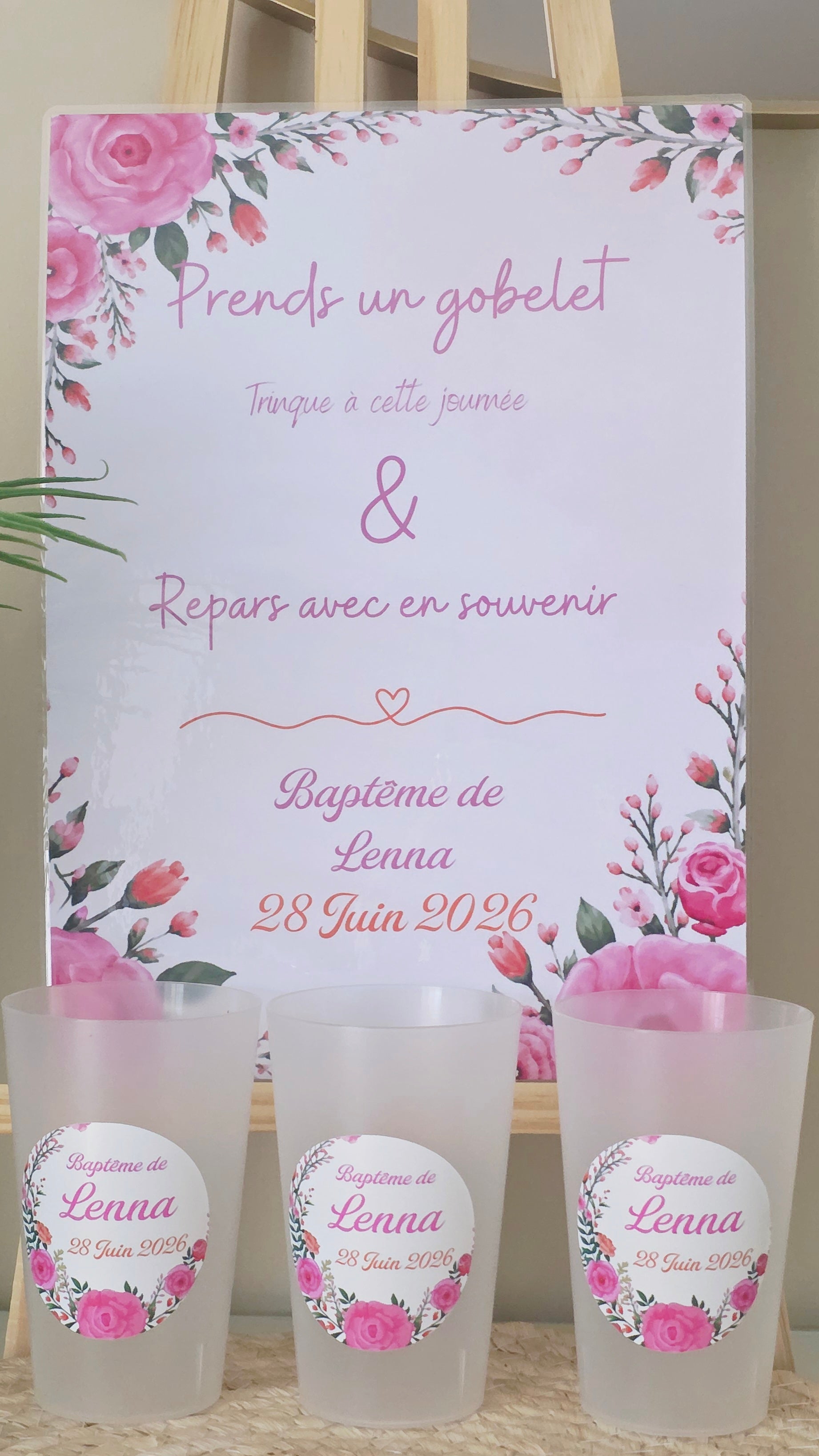 Gobelet baptême personnalisé floral rose – Gobelet ivoire réutilisable avec prénom
