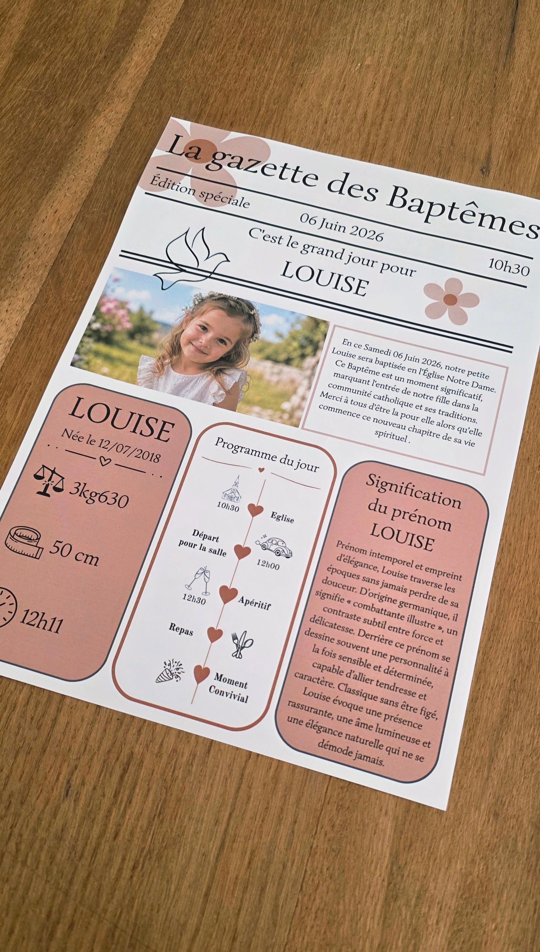 Gazette de baptême personnalisée A4 recto verso – Thème terracotta colombe & marguerites 🌼